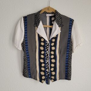 Bobbie Brooks Vintage Daisy Floral Cream Blue Tan Button Blouse 90s Cottagecore